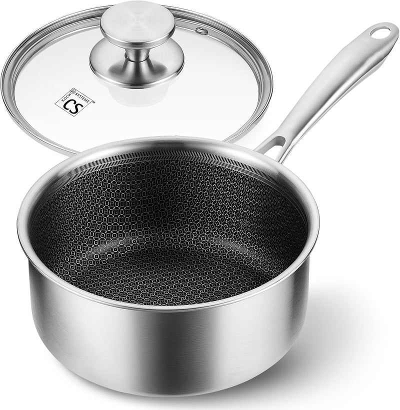 KOCH SYSTEME CS Hybrid Nonstick Stainless Steel Sauce Pan 3QT, Tri-ply Stainless Steel Pot with Honeycomb Interior, Hybrid Sauce Pan with Lid, 18/10 Steel Pot, Induction Compatible - Image 1